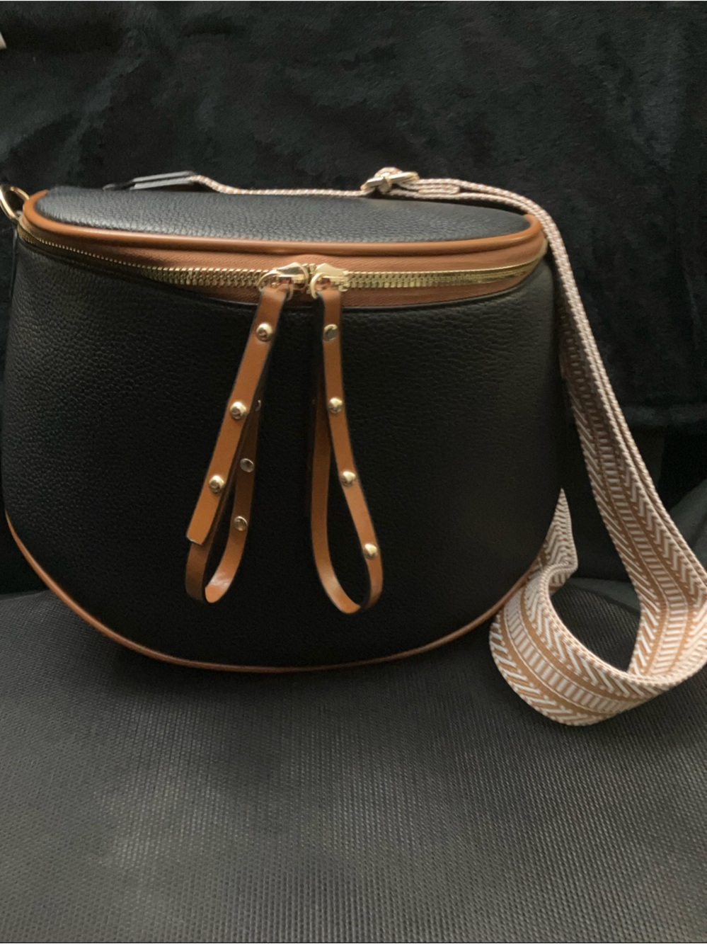 Black and Brown Crossbody Saddle Bag with Studded Zipper Pulls
